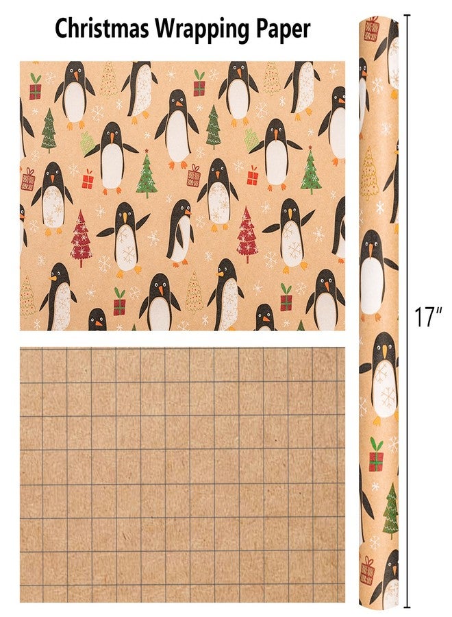 MAYPLUSS Christmas Wrapping Paper Roll - 17IN X 33FT - Kraft Gift Wrapping Paper Featuring Cute Penguin Christmas Tree Snowflake Reversible Cut Lines for Kids, Holiday, New Year - Image 4